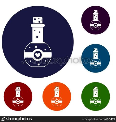 Flask of love elixir icons set in flat circle reb, blue and green color for web. Flask of love elixir icons set