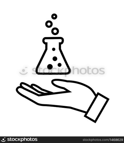 Flask over hand line style icon isolated on white background vector illustration eps 10. Flask over hand line style icon isolated on white background vector illustration