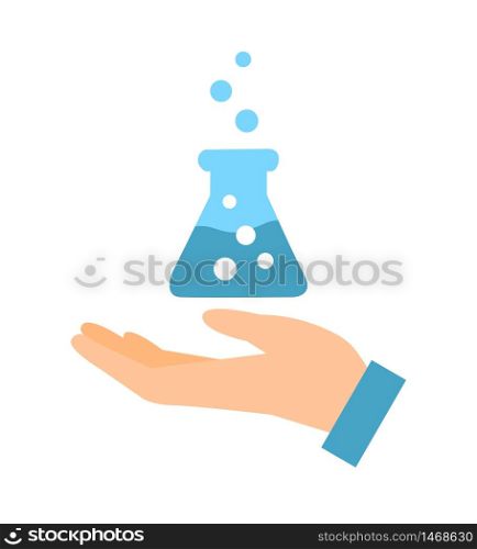 Flask over hand line style icon isolated on white background vector illustration eps 10. Flask over hand line style icon isolated on white background vector illustration