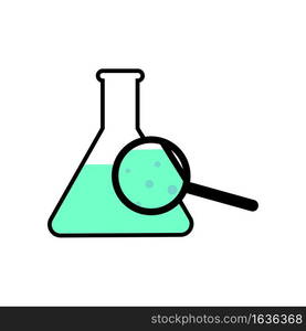 Flask with magnifying glass. Blue liquid. Chemical experiment. Research background. Vector illustration. Stock image. EPS 10.. Flask with magnifying glass. Blue liquid. Chemical experiment. Research background. Vector illustration. Stock image.