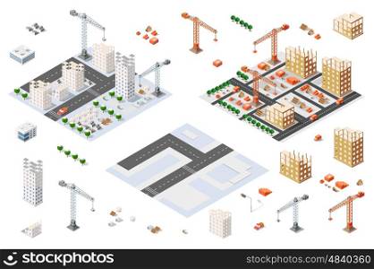 Flat 3d architectural set isometric creative planning, web infographic vector. Skyscraper building sketch plan construction place builders crane process. Kit of lorry, business, innovation concept.