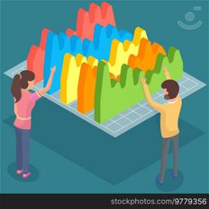 Flat 3d isometric business finance analytics, chart graphic report web infographic vector. Business statistics and data analysis. Employees work with statistical indicators, graphs, diagrams. Employees work with statistical indicators, graphs, diagrams. Business finance analytics concept