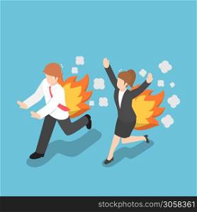 Flat 3d Isometric Businessman and Woman Running with Back on Fire, Rush hour and Deadline Concept