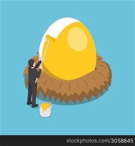 Flat 3d isometric businessman painting golden color on the egg. Financial and investment concept.