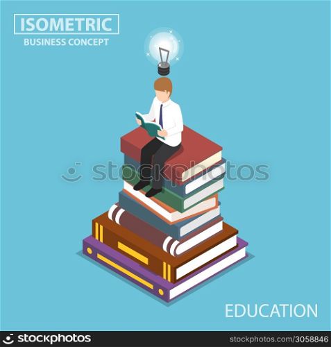 Flat 3d isometric businessman reading at the top of book stack. Education and learning concept.