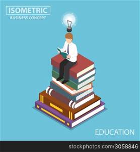 Flat 3d isometric businessman reading at the top of book stack. Education and learning concept.
