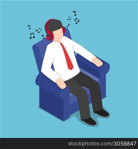 Flat 3d Isometric Businessman Resting at Sofa and Listening Music from Headphones, Relax Concept
