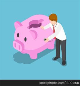 Flat 3d isometric businessman use stethoscope to check piggy bank health. Financial concept.
