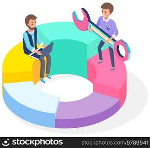 Flat 3d isometric finance analytics, chart graphic report web infographic. Business statistics and data analysis. Employees work with statistical indicators, operating system maintenance, settings. Employees work with statistical indicators, operating system maintenance, settings, data analysis