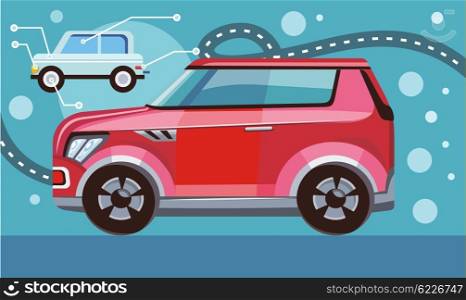 Flat 3d isometric high quality city transport icon. Sedan automobile. Car and sportscar, SUV luxury high class sedan. Red car on the highway. Vector illustration
