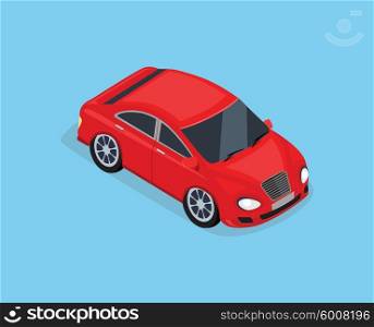 Flat 3d isometric high quality city transport icon. Sedan automobile. Car for isometric world. Isometric car sportscar, SUV luxury high class sedan. Red isometric car. Isolated car icon top view