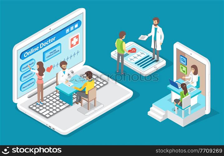Flat 3d isometric illustration of smartphone, display of laptop, tablet screen. Online consultation with doctor, help of cardiolog. People consultating with professional specialist through internet. Isometric 3d illustration of laptop, smartphone, tablet, online consultation with doctor, cardiolog