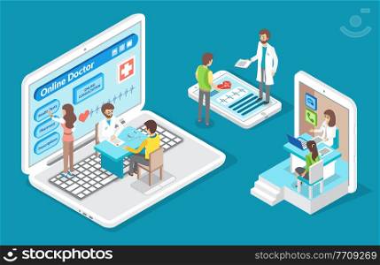 Flat 3d isometric illustration of smartphone, display of laptop, tablet screen. Online consultation with doctor, help of cardiolog. People consultating with professional specialist through internet. Isometric 3d illustration of laptop, smartphone, tablet, online consultation with doctor, cardiolog