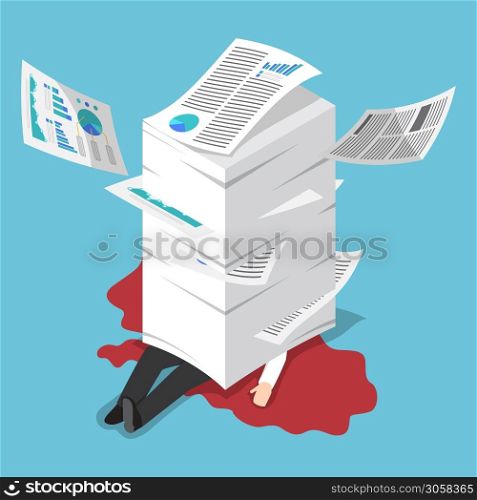 Flat 3d isometric overworked businessman under the stack of paper, hard working concept