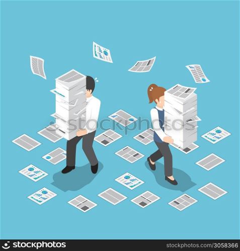 Flat 3d isometric stressful businessman holding stack of paper, overload work and very busy concept