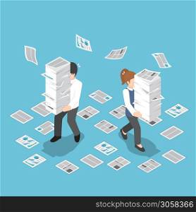 Flat 3d isometric stressful businessman holding stack of paper, overload work and very busy concept