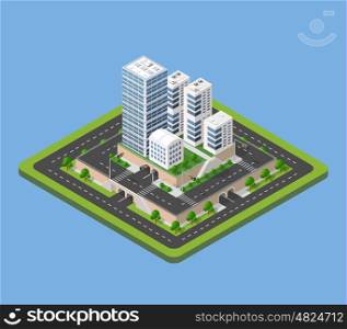 Flat 3d isometric urban city infographic concept. Township center map with buildings, shops and roads on the plane.