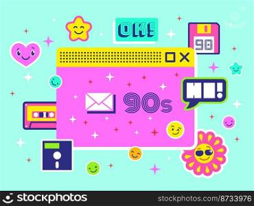 Flat 90s background. Retro internet computer window with smile stickers. 1980 digital nostalgia poster. Web system 80s, pixel elements vector banner. Illustration of 90s computer background window. Flat 90s background. Retro internet computer window with smile stickers. 1980 digital nostalgia poster. Web system 80s, pixel elements tidy vector banner