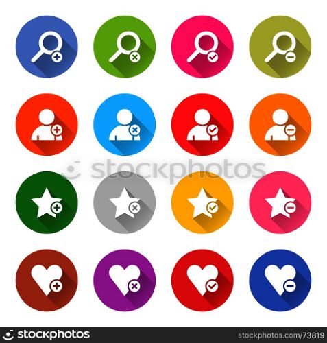Flat addition icon set web button. 16 addition icon set 07 white sign on color . Web button on white background. Simple minimalistic mono flat long shadow style. Vector illustration internet design graphic element 10 eps