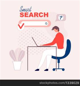 Flat Advertisement for NFC Technology Smart Search. Unlimited Opportunities in Finding Information. Cartoon Man Character Using Laptop Online Business and Communications Solution. Vector Illustration. Flat Advertisement for NFC Technology Smart Search
