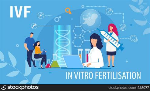 Flat Advertising Banner Offering In Vitro Fertilization Service. Cartoon Couple at Doctor Appointment. Medical Consultation, Analysis and Test. Embryo Development. Vector IVF Illustration. Banner Offering In Vitro Fertilization Service