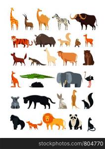 Flat african, jungle and forest animals. Cute mammals and reptiles. Wild fauna vector set isolated. Elephant and lion, giraffe and fox, zebra and bear illustration. Flat african, jungle and forest animals. Cute mammals and reptiles. Wild fauna vector set isolated