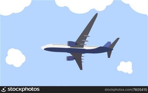 Flat airliner flying in the sky. Side view from the bottom. Vector Illustration. EPS10. Flat airliner flying in the sky. Side view from the bottom. Vector Illustration