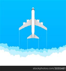 Flat airplane illustration, view of a flying aircraft. Vector stock illustration. Flat airplane illustration, view of a flying aircraft. Vector stock illustration.