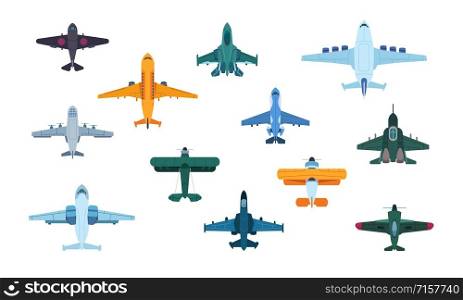 Flat airplanes. Top view of military jet aircraft and civil turbofan aviation planes, transport aviation. Vector isolated illustration civilian travel and military planes. Flat airplanes. Top view of military jet aircraft and civil turbofan aviation planes, transport aviation. Vector isolated planes