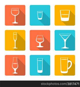 flat alcohol glasses icons. vector various color flat style alcohol glasses icons with shadow