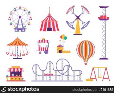 Flat amusement park roller coaster, circus tent and hot air balloon. Festival carnival ferris wheel, food kiosk and attractions vector set. Extreme entertainment and recreation for families. Flat amusement park roller coaster, circus tent and hot air balloon. Festival carnival ferris wheel, food kiosk and attractions vector set