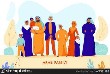 Flat and colored arabs big family composition with nine people in the family vector illustration