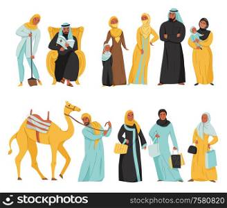 Flat and isolated arabs icon set women in hijab and arabic men with camel vector illustration