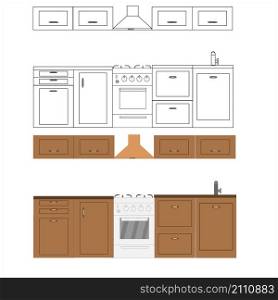 Flat and line kitchen design. Vector illustration.