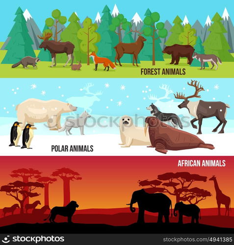 Flat Animal Banners Set. Flat horizontal banners set with forest polar and african animals on nature backgrounds isolated vector illustration