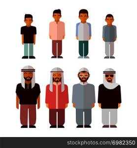 Flat arabic boys and men isolated on white background. Arabic people characters, vector illustration. Flat arabic boys and men isolated on white background