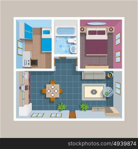 Flat Architectural Plan Top View Position. Flat architectural plan top view position with divided rooms and furniture vector illustration