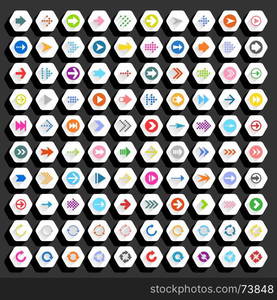 Flat arrow icon hexagon web button. Flat arrow icon with long shadow. Sign on hexagon shapes web button on background. Simple, minimal, solid, plain style. Vector illustration internet design element 8 eps