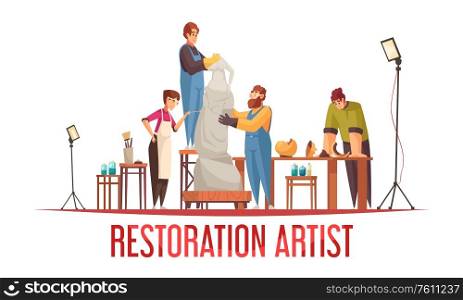 Flat artist restorer concept with group of people work on old statue vector illustration