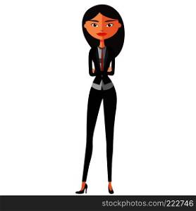 Flat asian business woman. Calm young girl standing. Serious cute business girl. Vector.