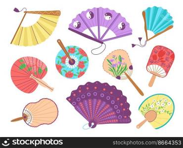 Flat asian fans. Elegant fan japan style, oriental traditional decorative hand accessories. Folding paper chinese elements for cooling wind, decent vector set of fans japanese oriental illustration. Flat asian fans. Elegant fan japan style, oriental traditional decorative hand accessories. Folding paper chinese elements for cooling wind, decent vector set