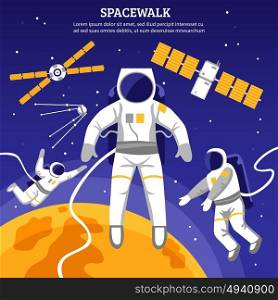 Flat Astronauts Illustration. Satellites and three astronauts having spacewalk flat vector illustration