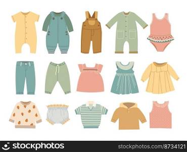 Flat baby clothes. Infant dress, cozy kid stylish coat and apparel clipart. Wear for child, childish jacket, newborn cute classy bodysuit vector set of infant dress and wear illustration. Flat baby clothes. Infant dress, cozy kid stylish coat and apparel clipart. Wear for child, childish jacket, newborn cute classy bodysuit vector set