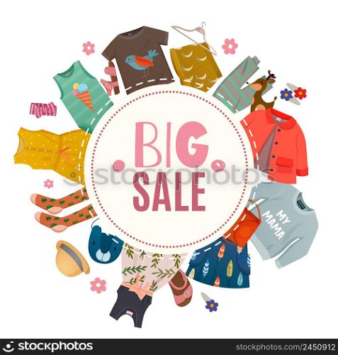 Flat baby girl fashion frame with laid out in a circle childs cloths with big sale headline vector illustration. Baby Girl Fashion Frame Composition