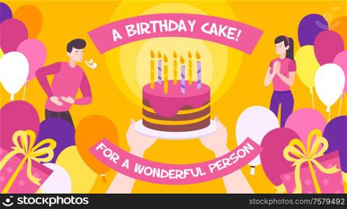 Flat background with big birthday cake two people balloons and gift boxes vector illustration