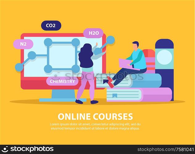 Flat background with doodle style human characters books and computer with molecule and editable text captions vector illustration