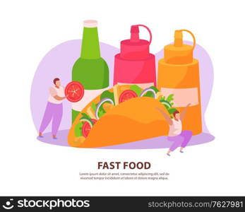 Flat background with fast food pita sauce drink and human characters vector illustration