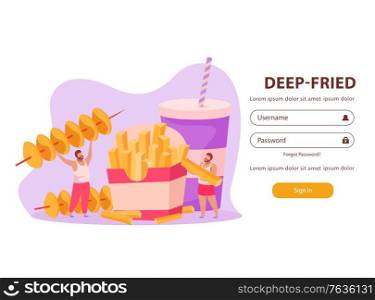 Flat background with form for password and men eating deep fried fast food vector illustration