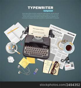 Flat background with journalist typewriter and different tools and objects for work and break vector illustration. Journalist Typewriter Background
