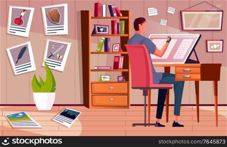 Flat background with male book illustrator drawing at his desk in study vector illustration